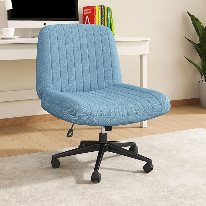 Shintenchi Criss Cross Chair,Cross Legged Office Seat with Wheels Armless Swivel Vanity Chair,Height Adjustable Wide Computer Task Seating for Home Office,Blue ﻿