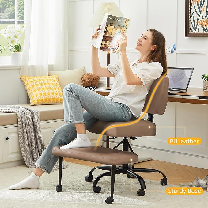 Criss Cross Legged Office Chair with Wheels,Swivel Meditation Chair for ADHD,Ergonomic Cross Legged Desk Chair with Thicken Adjustable Footstool,PU Sitting Fidgeting Kneeling Chair for Home Yoga Brown