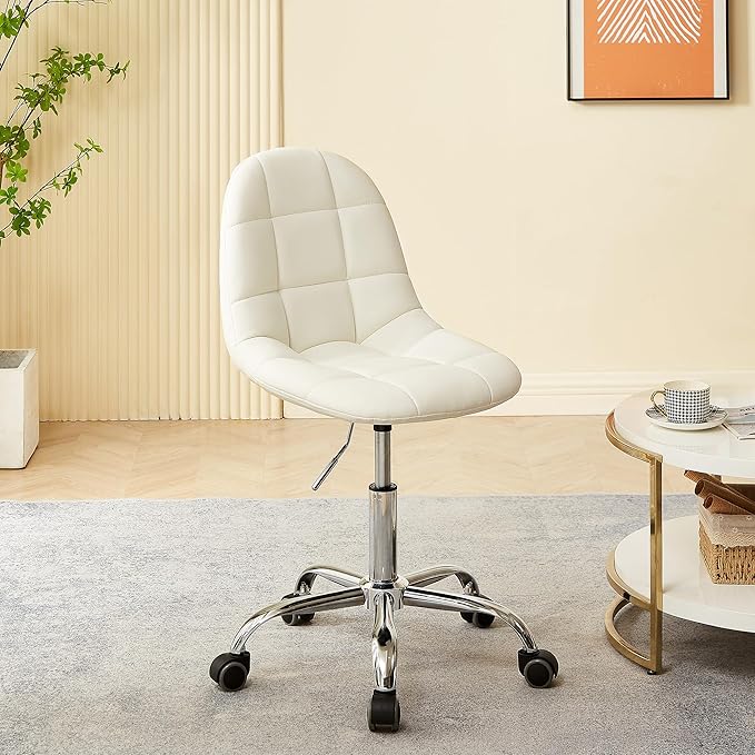 VECELO Stylish Height Adjustable Faux Leather Vanity Chair, Modern Swivel Makeup Chair with Rolling Wheels, Comfortable Padded Task Chair for Bedroom, Dressing Room & Home Office – White