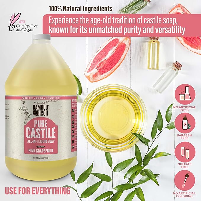 BAMBOO AND BIRCH Pure Castile Soap Liquid, Certified Palm Oil Free Natural Soap, Citrus Grapefruit, 64 oz