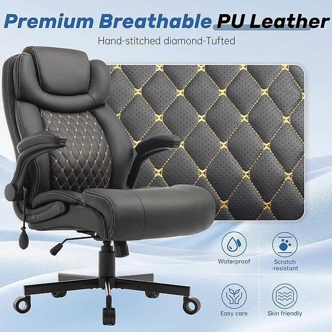 550LBS Big and Tall Office Chair, Comfy Heavy Duty Executive Chair with Adjustable Lumbar Support Double Spaces Casters, PU Leather Extra Wide Seat Ergonomic Computer Desk Chair for Back Pain, Black