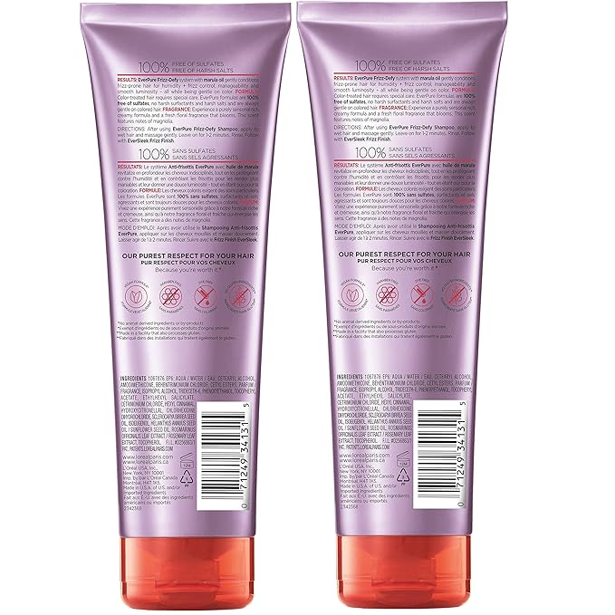 L'Oreal Paris Hair Care EverPure Sulfate Free Frizz Defy Conditioner, with Marula Oil, 2 Count (8.5 Fl; Oz each) (Packaging May Vary)