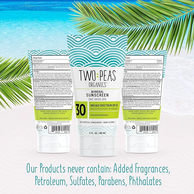 Two Peas Organics Mineral Sunscreen SPF 30 Lotion, Non-Nano Zinc, Reef Safe, Baby & Family Sensitive Skin, Water-Resistant 80 Min, Unscented, Organic & Cruelty Free, 3 oz Twin Pack