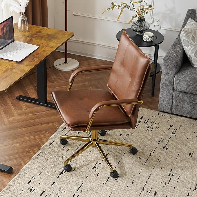 MOJAY Office Chair, Leather Desk Chair, Brown Desk Chair, Mid Century Modern Office Chair, Swivel Comfy Upholstered Wide Seat Chair with Gold Legs and Armrests for Home, Office (Brown&Golden)
