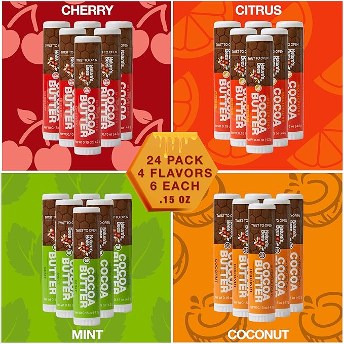 Nature's Bees Cocoa Butter Lip Balm, Lip Care for Dry Lips, Coconut Oil, Beeswax, Vitamin E, Aloe, & Shea Butter, 0.15 oz Each, 4 Flavors, Citrus, Coconut, Cherry, & Mint, 24 Pack - Packaging May Vary