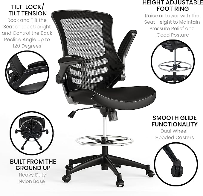 Flash Furniture Kelista Mid-Back Swivel Office Chair with Adjustable LeatherSoft Seat Height, Ergonomic Mesh Chair with Flip-Up Arms, Black
