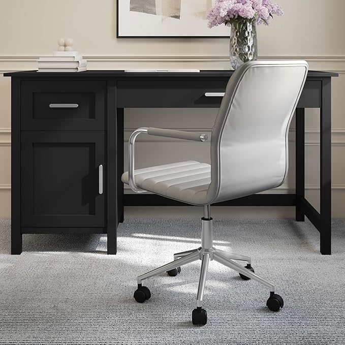 Martha Stewart Taytum Swivel Task Chair with Armrests for Home Office in Gray Faux Leather with Polished Nickel Frame