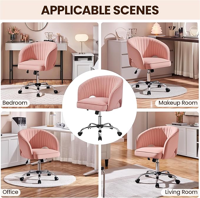 Yaheetech Pink Desk Chair Cute Vanity Chair with Back & Modern Swivel Rolling Design for Home Office, Study, Vanity, Bedroom