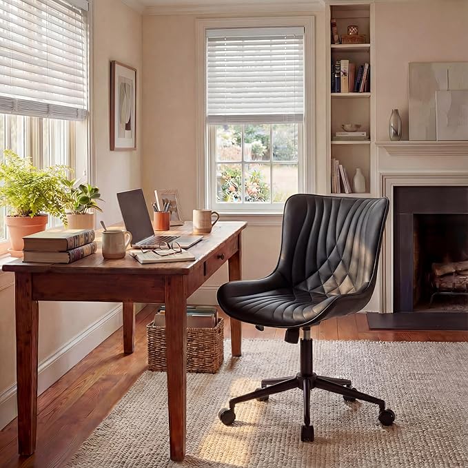 YOUNIKE Office Chair, Armless Desk Chair with Wheels, Home Office Computer Task Chairs, Modern Faux Leather Padded Vanity Chair, Adjustable Swivel Rocking Chair with Back, Black