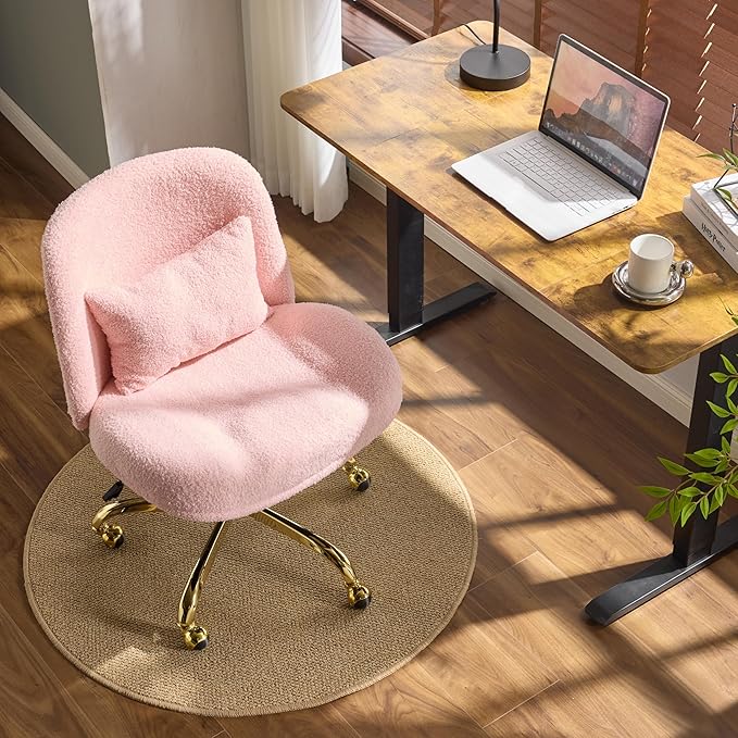 VINGLI Wide Criss Cross Legged Office Chair,Buttprint Ergonomic Desk Chair Comfy with Pillow&Gold Base,Dual-Use with/no Wheels,Adjustable Vanity Swivel Chair for Bedroom,Home Office,Teddy Fleece,Pink