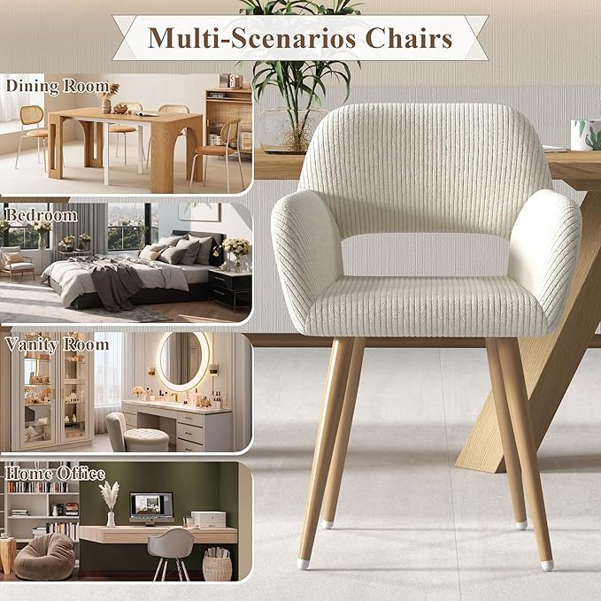 Home Office Desk Chair Set of 4, Corduroy Fabric Vanity Chair for Makeup with Hollow Backrest, Comfy Armchair Wood Frame with Strudy Metal Legs, Beige
