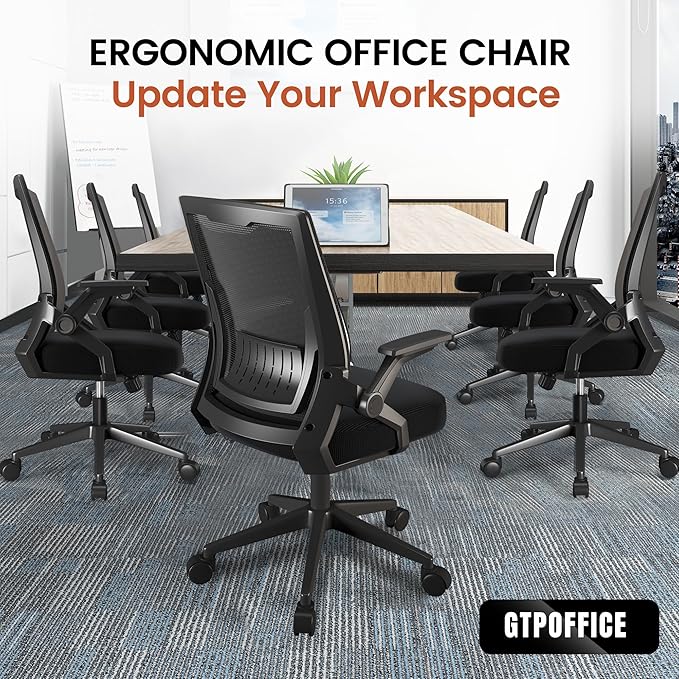 GTPOFFICE Ergonomic Office Chair, Computer Desk Chair Comfy with Adjustable Lumbar Support, Mid-Back Mesh Office Chair with Flip-up Armrest, Tilt Function Task Chair for Home, Bedroom, Gaming, Black