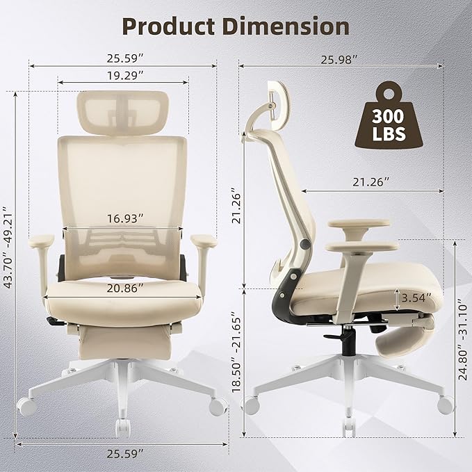 Foldable Office Chair with Foot Rest, Ergonomic Office Chair with Adjustable Lumbar Support, Headrest, Armrest, Home Office Desk Chair for Space Saving, Work from Home, Cream
