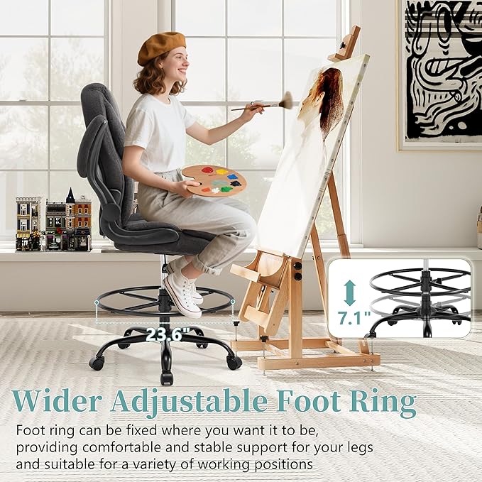 Ergonomic Drafting Chair, Tall Office Chair for Standing Desk, High Back Standing Desk Chair with Flip-Up Armrest, Adjustable Height & Foot Ring, Executive Fabric Extended Height Office Chairs, Black