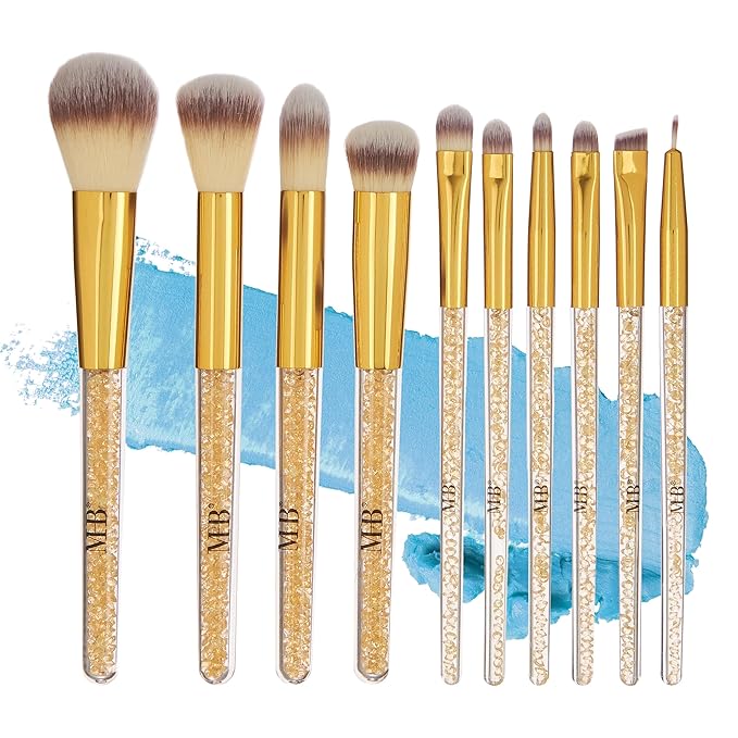 10pc Pro Makeup Brush Set w/Sparkling Gemstones in Gold - 10 Quality Soft Bristle Makeup Brushes For Everyday Use - Professional Makeup Brushes & Tools