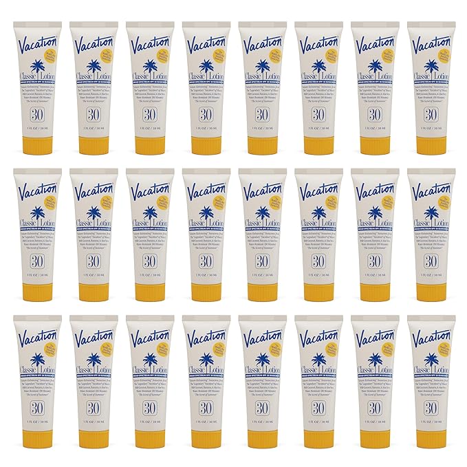 Vacation Mini Classic Sunscreen SPF 30, Water-Resistant, Bulk Suntan Lotion, Bachelorette Party Favors, Beach Must Haves, Traveling Essentials, Travel Size, 1 Fl. Oz. (Value Pack of 24)