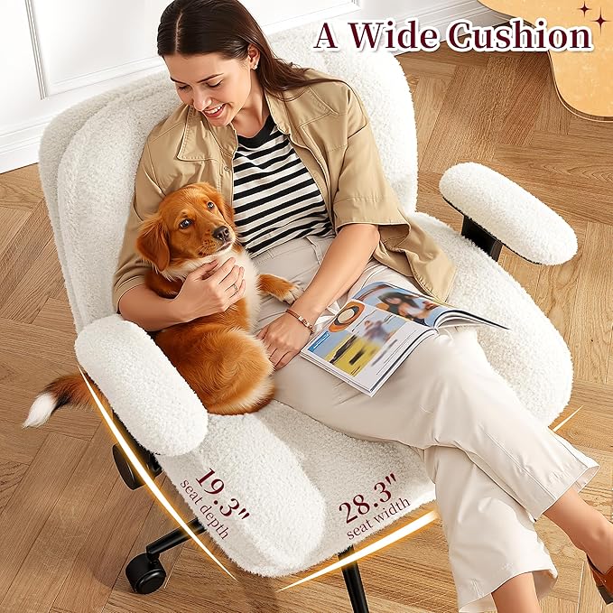 Criss Cross Chair with Wheels,Wide Cross Legged Office Chair with Flip-Up Arms,White Vanity Chair with Extra-Deep Seat Thickened for Home Office,Vanity, Apartment Dorms,Plush Cushion,Comfy