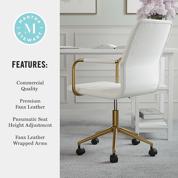 Martha Stewart Taytum Swivel Task Chair with Armrests for Home Office in White Faux Leather with Polished Brass Frame