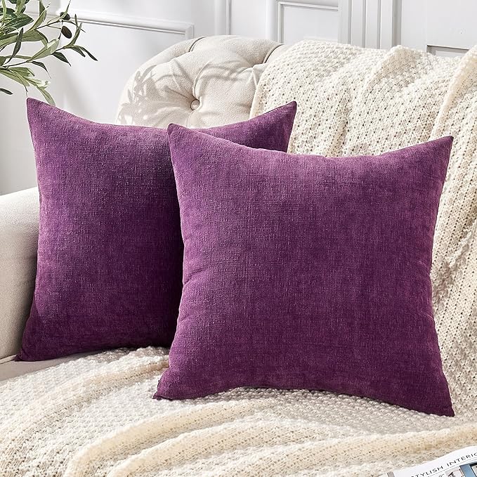 GAWAMAY Decorative Square Throw Pillow Covers 20"x20" Inch Set of 2, Super Soft Chenille Pillows Farmhouse Fall Pillowcase for Living Room Bedroom Sofa Couch Cushion Cover Purple 50x50cm (No Insert)