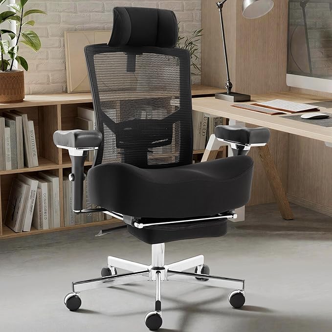 600LBS Big and Tall Office Chair,Ergonomic Mesh Office Chairs with Thick Oversized Spring Cushion,Executive Computer Desk Chair Adjustable Upgraded 4D Armrests,Footrest&Headrest for Home Office,Black
