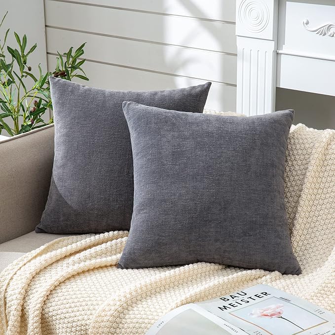 GAWAMAY Decorative Throw Pillow Covers 16x16 Inch Set of 2, Super Soft Chenille Square Pillows Farmhouse Fall Pillowcase for Living Room Bedroom Sofa Couch Cushion Cover Grey 40x40cm (No Insert)