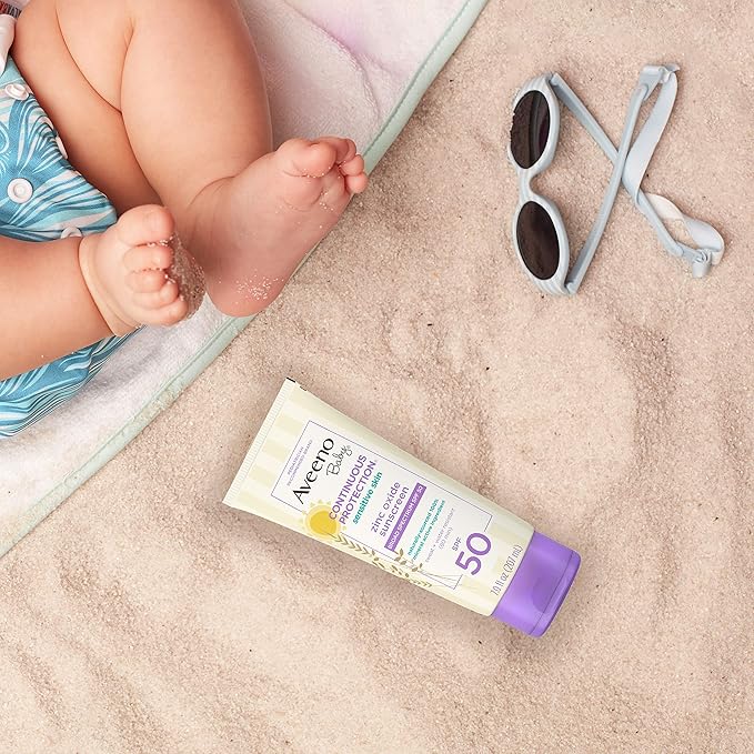 Aveeno Baby Continuous Protection Zinc Oxide Mineral Sunscreen Lotion for Sensitive Skin, Broad Spectrum SPF 50, Tear-Free, Sweat- & Water-Resistant, Paraben-Free, Non-Greasy, 7 fl. oz