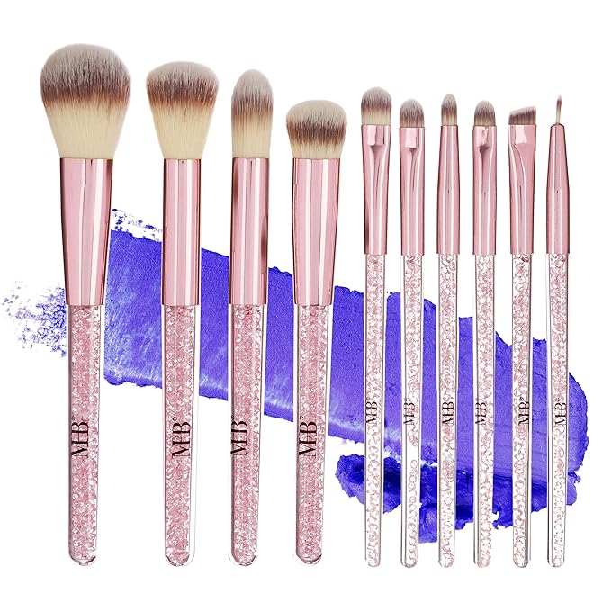 10pc Pro Makeup Brush Set w/Sparkling Gemstones in Pink- 10 Quality Soft Bristle Makeup Brushes For Everyday Use - Professional Makeup Brushes & Tools
