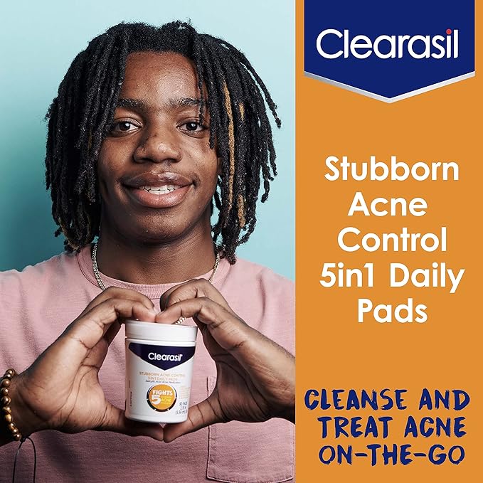 Clearasil Stubborn Acne Control 5in1 Daily Facial Cleansing Pads, with Salicylic Acid Acne Treatment Medicine, 90 Count (Pack of 2)