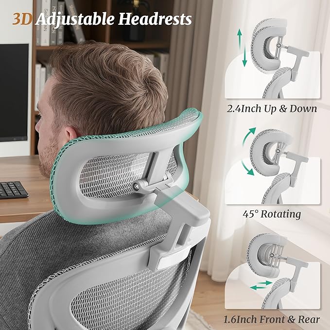 Ergonomic Office Chair with Footrest - 5-Level Adjustable Lumbar Support & 90-135°Recline, 3D Headrest & 4D Armrests, Breathable Mesh Seat Computer Chair for Home Office, Gaming, Light Grey