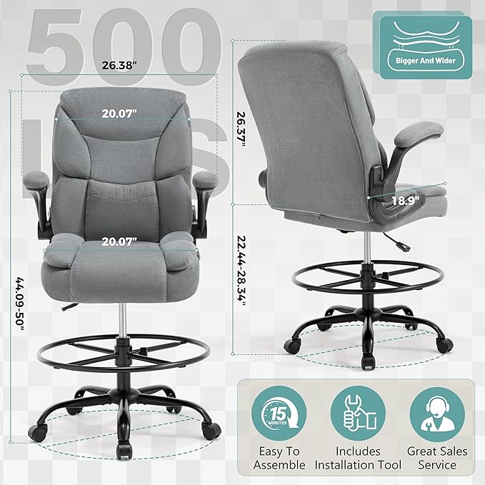 Ergonomic Drafting Chair, Tall Office Chair for Standing Desk, High Back Standing Desk Chair with Flip-Up Armrest, Adjustable Height & Foot Ring, Executive Fabric Extended Height Office Chairs, Grey