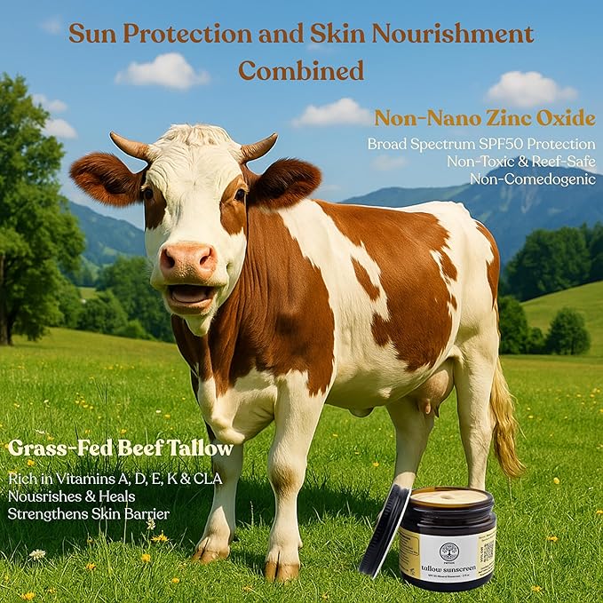 Beef Tallow Sunscreen - Non Toxic, All Natural, Non-Nano Zinc Oxide Cream - Tinted Mineral Sunscreen for Face - Reef Safe SPF 50 Sun Protection for Men Women and Children (2oz, Unscented)