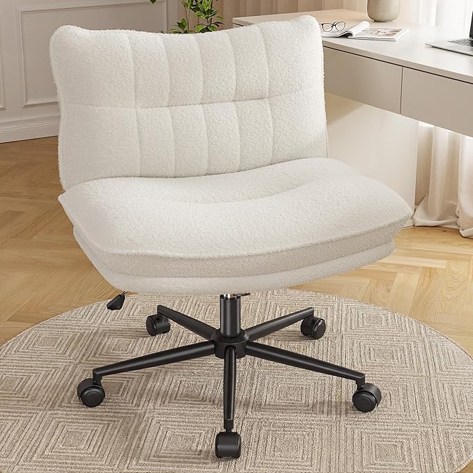 Criss Cross Chair with Wheels, 7" Extra Thick Cross Legged Office Chair, Height Adjustable Swivel Design for Home Office, Study & Vanity,White