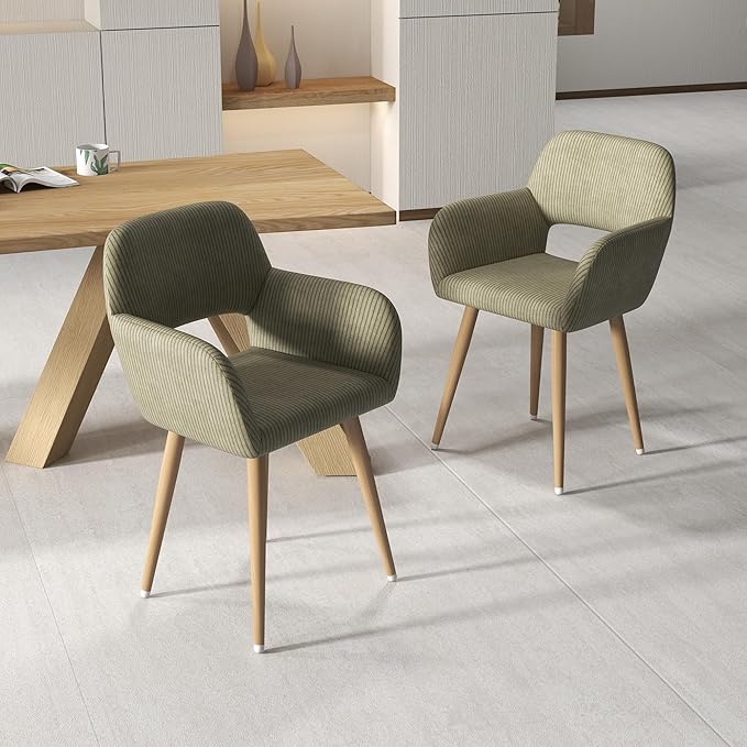 Home Office Desk Chair Set of 4, Corduroy Fabric Vanity Chair for Makeup with Hollow Backrest, Comfy Armchair Wood Frame with Strudy Metal Legs, Dark Green