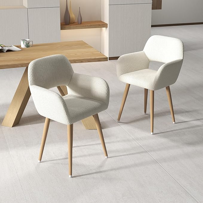 Home Office Desk Chair Set of 4, Corduroy Fabric Vanity Chair for Makeup with Hollow Backrest, Comfy Armchair Wood Frame with Strudy Metal Legs, Beige