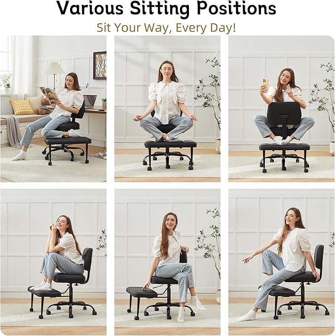 Criss Cross Legged Office Chair with Wheels,Swivel Meditation Chair for ADHD,Ergonomic Cross Legged Desk Chair with Thicken Adjustable Footstool,PU Sitting Fidgeting Kneeling Chair for Home Yoga Black