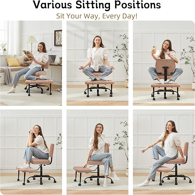Criss Cross Legged Office Chair with Wheels,Swivel Meditation Chair for ADHD,Ergonomic Desk Chair with Thicken Adjustable Footstool,Fabric Sitting Fidgeting Kneeling Chair for Home Yoga Brown
