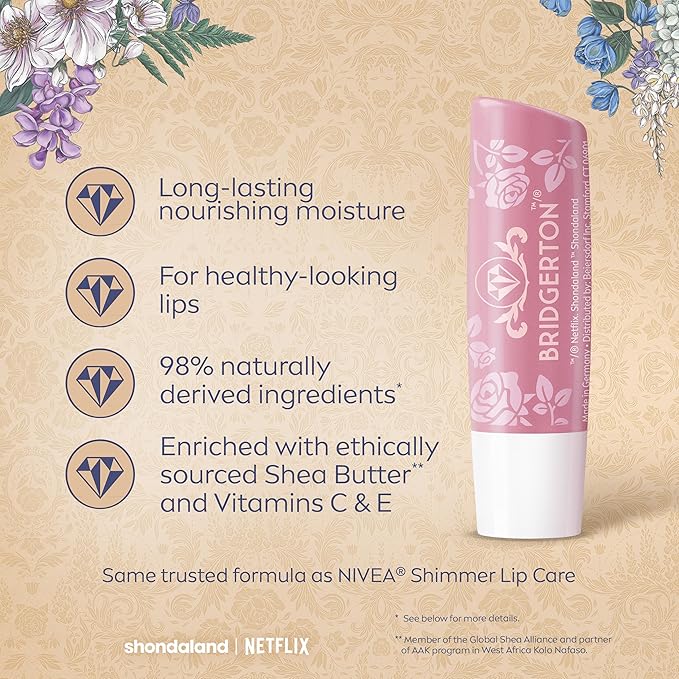 NIVEA Rose Meringue Lip Balm, Nourishing Lip Care, Bridgerton Limited Edition Moisturizing Lip Balm with Shea Butter, 3-in-1 Moisture, Repair and Nourish, 0.17 Oz Stick