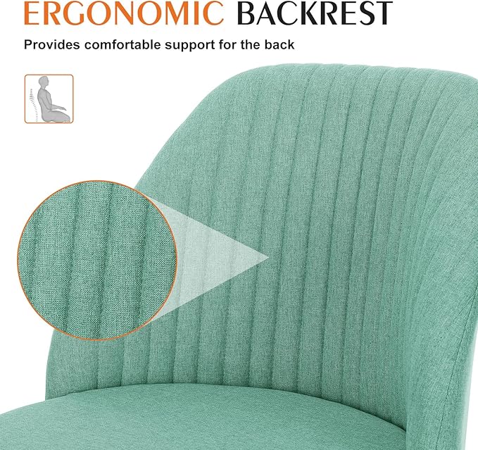 Sweetcrispy Armless Vanity Chair, Cute Comfy Home Office Desk Chair with Wheels, Modern Upholstered Task Computer Seat for Bedroom, Study, Makeup Vanity, Height Adjustable & Swivel, Mint