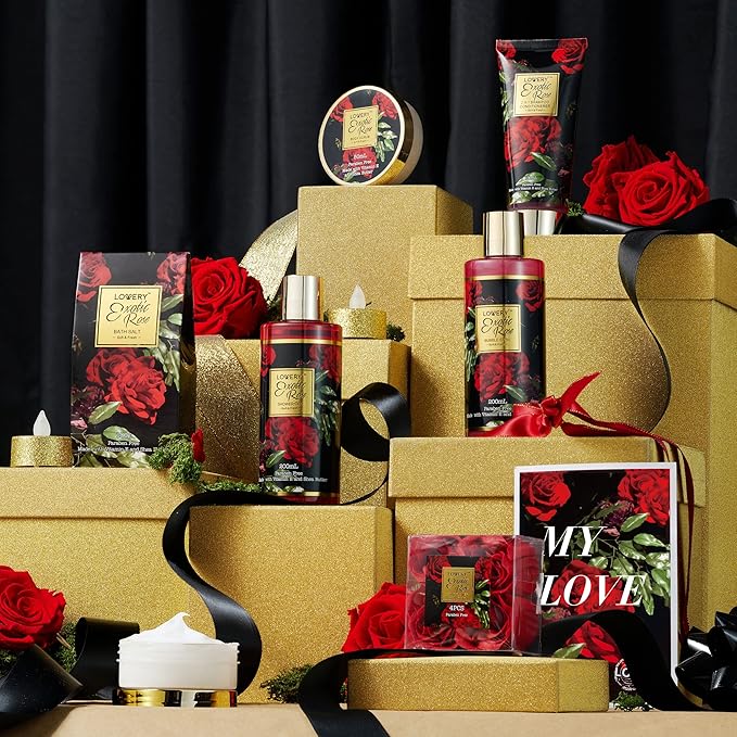 Gifts for Her - Exotic Rose Valentine Gift Basket for Women, Spa Bath and Body Gift Set, Anniversary Gifts for Women, Mom Birthday Gift with Body Scrub, Bubble Bath, Lotion & More