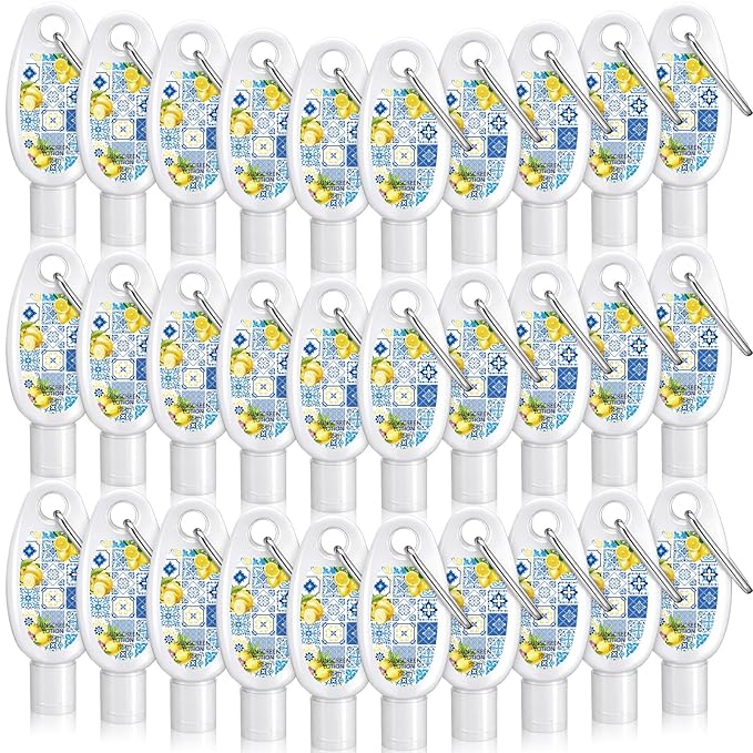 Leelosp 30 Pcs Lemon Mini Sunscreen with Carabiner Bulk for Baby Shower Travel Size 1 Fl. Oz. SPF 30 Water Resistant Mini Lemon Favors Gifts for Bridal Shower Birthday Wedding Parties for Guests