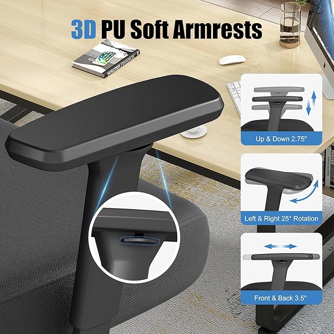 Ergonomic Office Chair with Footrest – Adjustable Lumbar Support, 3D Armrests & Headrest, Wide-Seat High-Back Mesh Computer Chair with Casters, Suitable for Home & Office, Black