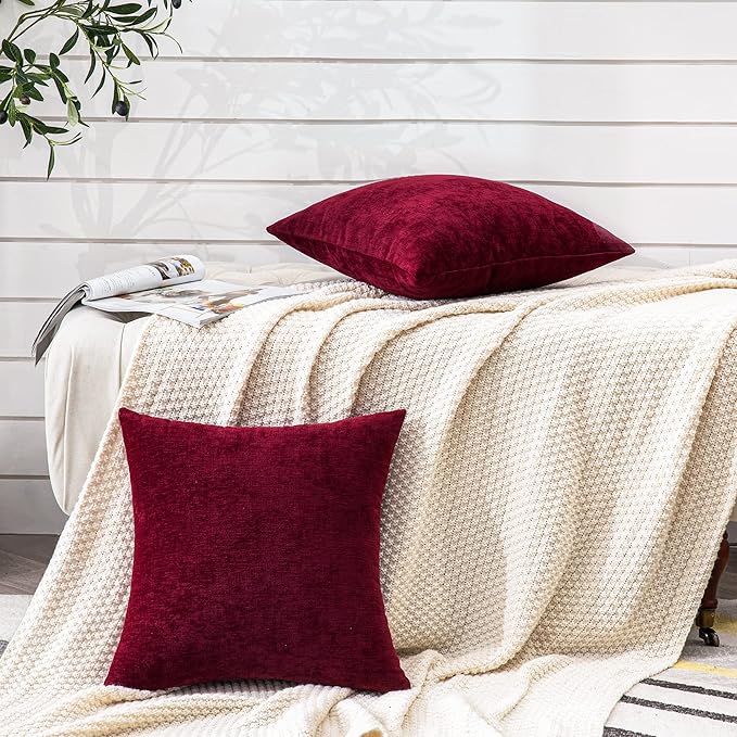GAWAMAY Decorative Square Throw Pillow Covers 18"x18" Inch Set of 2, Super Soft Chenille Pillows Cover Fall Pillowcase for Living Room Bedroom Sofa Couch Cushion Cover Burgundy Red 45x45cm