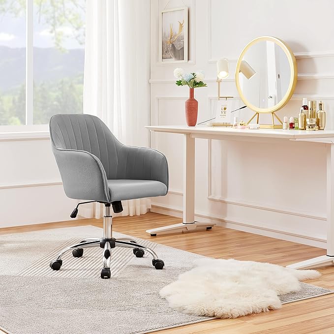 Yaheetech Modern Velvet Vanity Desk Chair Height-Adjustable Swivel Computer Armchair for Makeup Room Living Room Bedroom Light Gray
