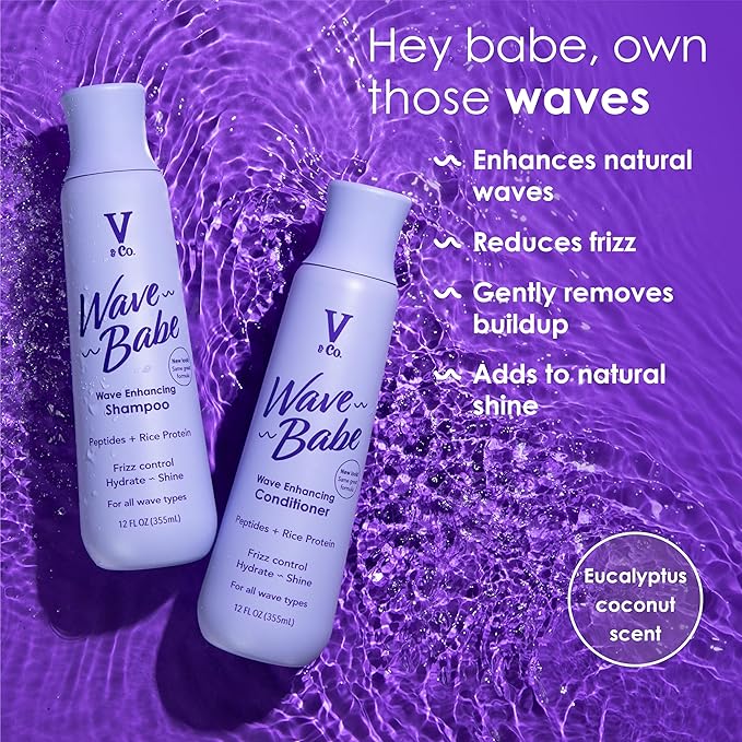 V&Co. Wave Babe Wavy Hair Shampoo, Sulfate Free & Paraben Free Hydrating Hair Care with Rice Protein & Peptides for Frizz Control & Wave Definition – 12 fl oz