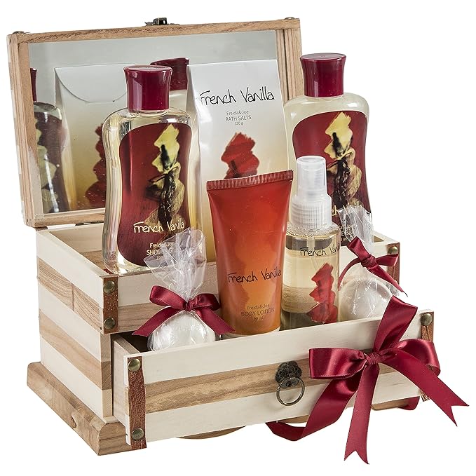 French Vanilla Bath Set Essential Bath and Body Basket: 2 Vanilla Bath Bombs, Body Lotion, Body Spray, Bath Salts, etc in a Wooden Jewelry Box Gift – Mother's Day Gift for Mom