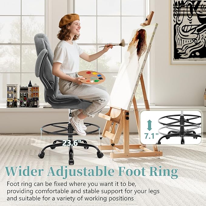 Ergonomic Drafting Chair, Tall Office Chair for Standing Desk, High Back Standing Desk Chair with Flip-Up Armrest, Adjustable Height & Foot Ring, Executive Fabric Extended Height Office Chairs, Grey