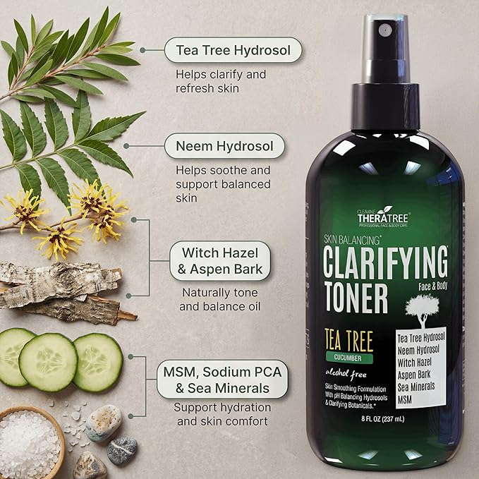 TheraTree Clarifying Toner Spray with Tea Tree Oil, Neem & Witch Hazel by Oleavine - 8oz - Alcohol Free Face & Body Toner - Helps with Oily Skin, Pore Size & Hydration