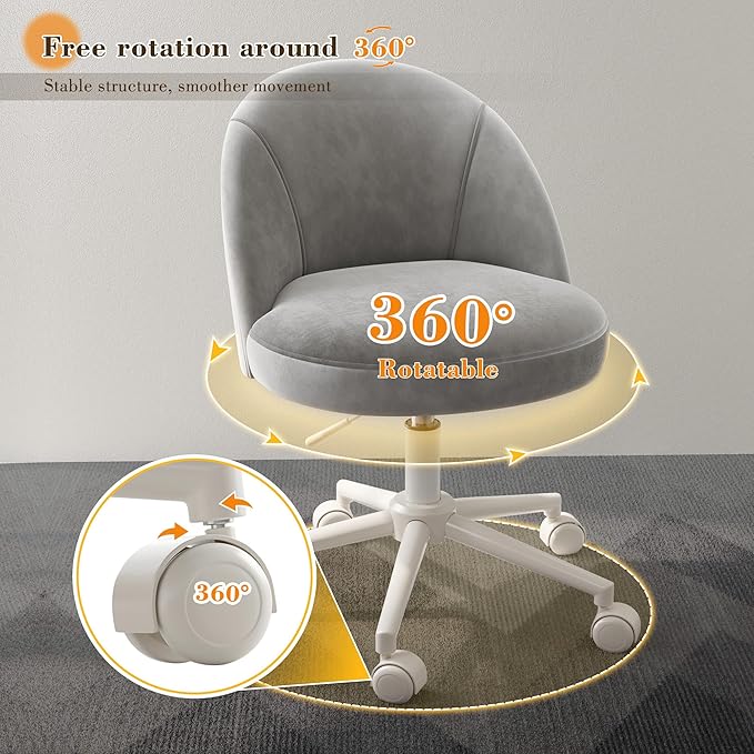 EnHomee Vanity Chair with Wheels, Cute Desk Chair Comfy with Back,Small Office Chair with Adjustable Rolling Swivel for Makeup Room Bedroom, Home Office, Armless,Muted Grey