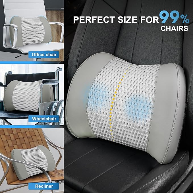 Memory Foam Lumbar Support Cushion Relieves Lower Back Pain for Car, Office Chair, and Wheelchair Use, 4D Mesh Cover, Gray