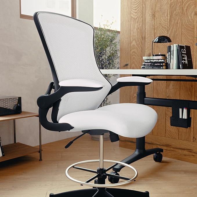 Flash Furniture Kelista Mid-Back White Mesh Ergonomic Drafting Chair | Adjustable Foot Ring, Flip-Up Arms | Comfort and Productivity
